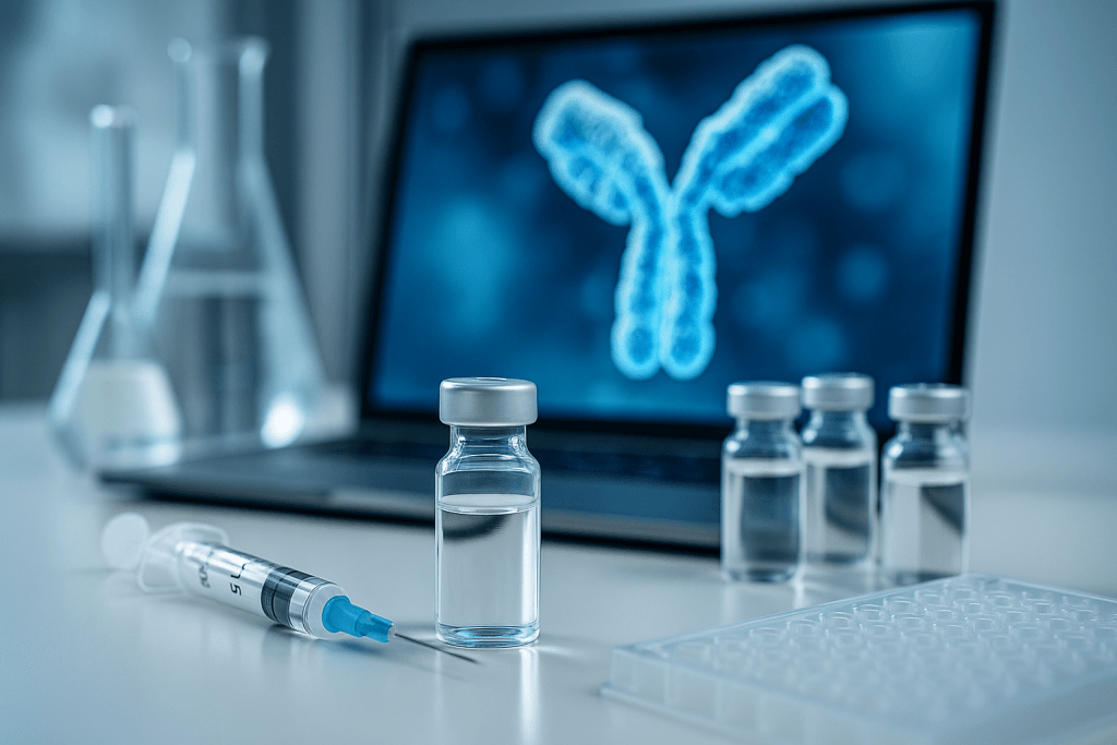 A modern biotechnology lab scene showing clear vials, a syringe, and scientific equipment on a clean surface, representing the development of the best psoriasis biologic treatments.