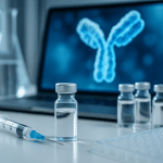 A modern biotechnology lab scene showing clear vials, a syringe, and scientific equipment on a clean surface, representing the development of the best psoriasis biologic treatments.