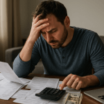 Man is stressed out as he works on budgeting for inflation