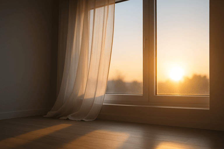 Soft morning light streaming through a large window in a minimalist room, creating a calm atmosphere that represents clarity and hope when feeling stuck in life.
