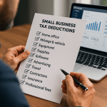 A small business owner reviewing a Small Business Tax Deductions checklist while working at a laptop displaying simplified accounting graphs.