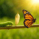 Nature metamorphosis sequence showing cocoon, caterpillar, and butterfly on a branch — a symbolic visual of how to reinvent yourself in 2026.