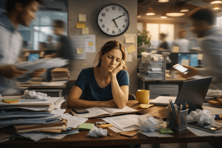A person standing still beside a large clock, conveying time pressure and the feeling of being busy without making progress.