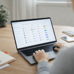Small business owner reviewing customer information on a laptop at a desk