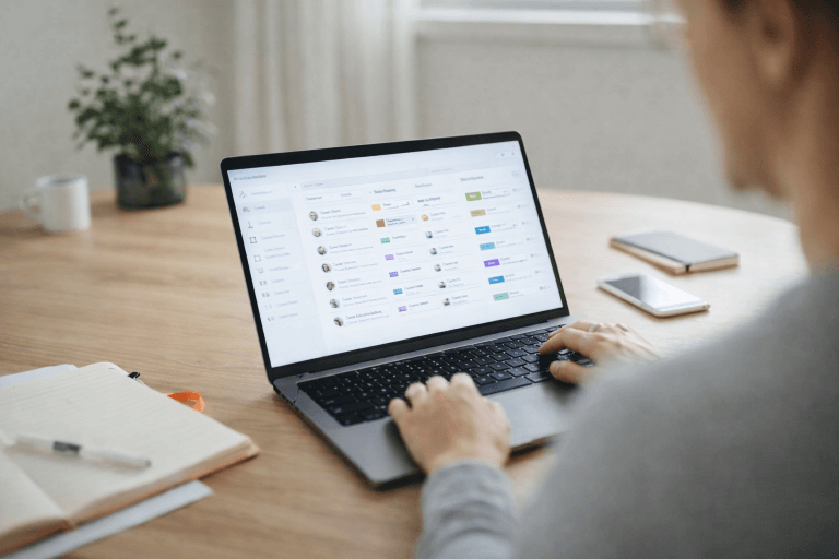 Small business owner reviewing customer information on a laptop at a desk