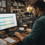 small business owner reviewing a budget spreadsheet in a shop office