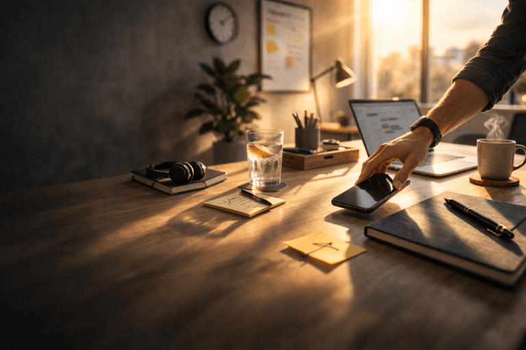 Person placing smartphone face down on a desk in a calm, sunlit workspace to reduce distractions and improve focus