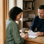 Small business owner conducting an interview to hire an employee for their small business, reviewing notes in a one-on-one conversation