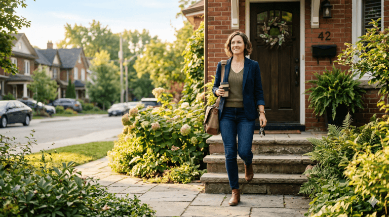 Woman heading out the door feeling good after learning how to build a morning routine