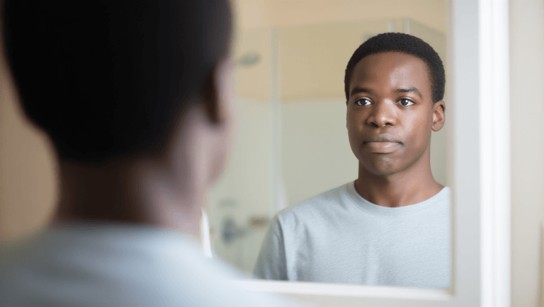 Man pausing to look at his reflection — asking the right questions before setting goals that actually stick