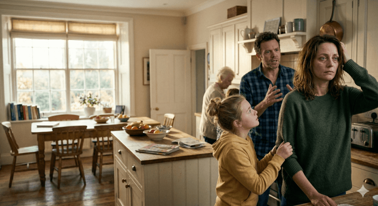 A woman in a busy kitchen looking overwhelmed while family members around her ask for her attention and she wonders how to stop being a people pleaser