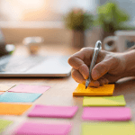 Small business owner organizing tasks with sticky notes on a desk — evaluating project management tools for small business