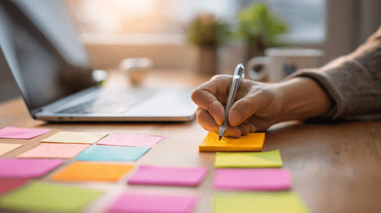 Small business owner organizing tasks with sticky notes on a desk — evaluating project management tools for small business